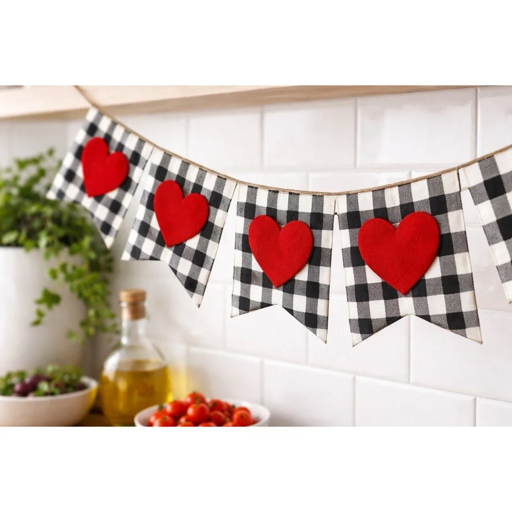 Valentine's Day Banner Red Felt Heart Garland White Black Buffalo Plaid Set of 3